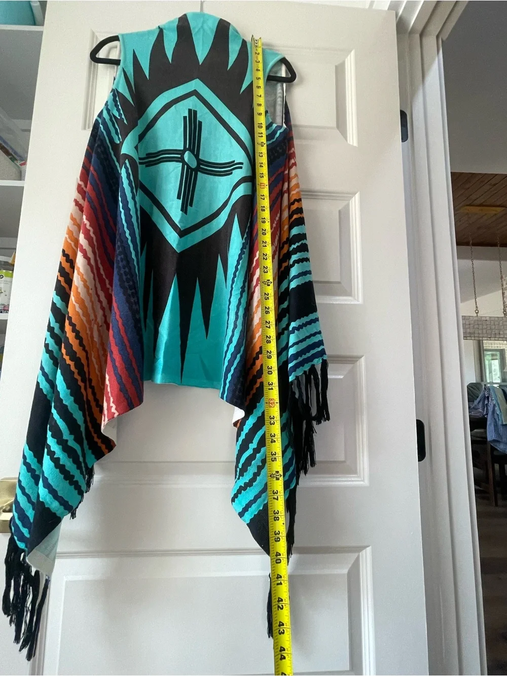 Crazy Train Turquoise Aztec Zia Striped Knit Fringe Shawl Kimono Cardigan Wrap